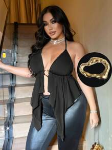 Flirla Plus Size Women Sexy Solid Color Chest Metal Decor Halter Back Bow Asymmetrical Hem Fashionable Beach Vacation Clubwear Casual Tank Top,Summer Tops - Black - View 6