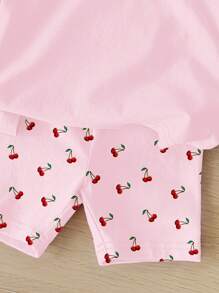 SHEIN 2pcs/Set Girls Casual Cherry Print Short Sleeve T-Shirt And Shorts Outfit, Summer Summer Outfits