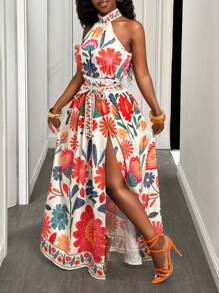 BamGleam 活力夏日花卉印花性感开衩连衣裙