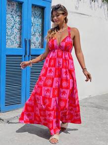 SHEIN VCAY Plus Size Women Red Summer Boho Satin Vacation Holiday Palm Tree Print Crisscross Back Casual Dress,Floral Derby Tropical Beach Graduation Outfits - Multicolor - View 4