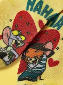 TOM & JERRY X SHEIN 1 Cặp Vớ Ngắn Màu Vàng Thời Trang Họa Tiết Chữ & Hoạt Hình Cho Nữ - Màu vàng - Xem 1