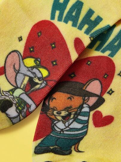 TOM & JERRY X SHEIN 1 Cặp Vớ Ngắn Màu Vàng Thời Trang Họa Tiết Chữ & Hoạt Hình Cho Nữ
