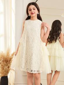 SHEIN Tween Girls Elegant Loose Fit A-Line Embroidered Lace Multilayer Ruffle Mesh Pleat Sleeveless Dress - Apricot - View 6