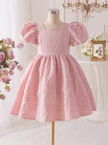 SHEIN Glamorique Kids Vestido de verano elegante con mangas abullonadas y ajuste ceñido en estilo jacquard para niñas preadolescentes, sofisticado y elegante, adecuado para el uso diario, fiestas y todo tipo de ocasiones, que muestra la nobleza y elegancia de un vestido de dama joven para bodas, invitada de boda, vestido bonito para niñas, vestido de rosa para niñas, vestido de princesa para niñas, vestidos para niñas jóvenes