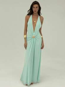 Aloruh Women Solid Color Halter Pleated Sexy Backless Dress Summer Summer Outfits Summer Clothes Beach Outfits For Woman  Beach Vacation Vacation Outfits Woman Boho  Tropical Vacation Woman Clothe  Tropical Vacation Woman Clothe Backless Mesh Lake Blue Deep V Mesh Long Dress With Metal Shell Decoration For Slimming Effect Backless Metal Shell Decoration At Waist Deep V,Summer Dresses For Women,Party Dress