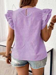 Flirla Plus Size Casual Striped Cap Sleeve Blouse - Purple - View 2