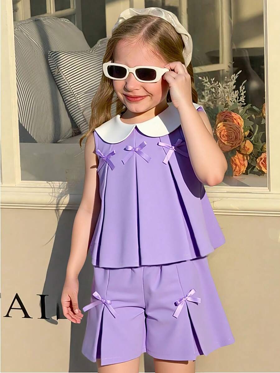 SHEIN Elladie kids 女孩紫色扎染褶皱可爱蝴蝶结装饰背心和时尚阔腿裤套装，适合休闲、通勤、简约风格 - 紫色 - 查看 1
