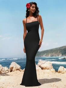 Opulessa Women's V-Neck Backless Dress, Textured Knit,Vacation Attire - Black - View 7
