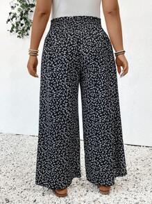 SHEIN Frenchy 大码女式休闲开衩裤，适合夏季度假 - 黑與白 - 查看 2