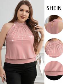 SHEIN Clasi Plus Size Women Rhinestone Decor Elegant Halter Neck Camisole - Pink - View 3
