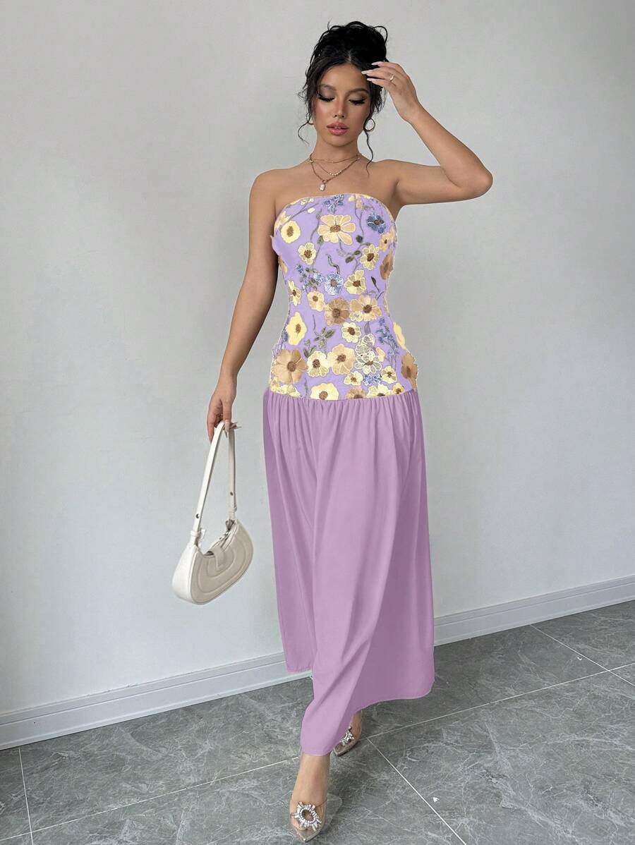 SHEIN Clasi 女士花卉印花抹胸连衣裙 女式长款套装 - 彩色 - 查看 1