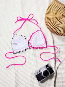 Swim SXY Leopard Print Halter Neck Swimsuit Top With Ruffle Trim For Summer Beach Vacation - Multicolor - View 2