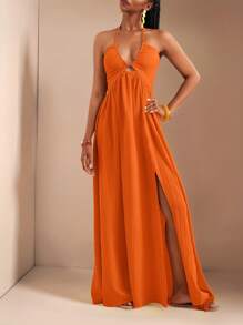 Zivah New Spring And Summer Casual Holiday Halter Neck Strapless Bust, Waist And Back A Swing Skirt With High Slit On The Front To The Thigh, Yellow Sea Stripe Women's Extra Long Dress-B Summer Dresses For Women,Sun Dresses For Women