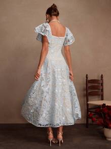 SHEIN Unity Váy xòe tay lỡ thêu sequin thanh lịch màu xanh nhạt cho nữ, dự tiệc, đi chơi, trang phục đi nghỉ - Màu xanh nhạt - Xem 5