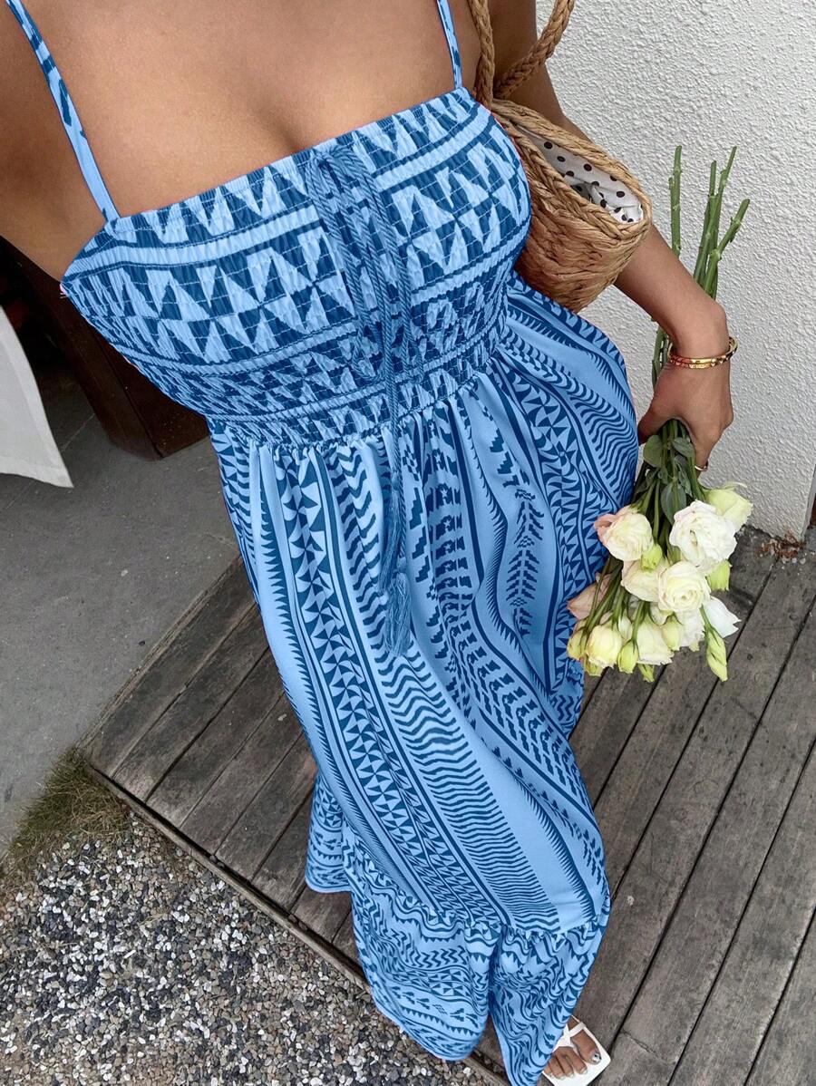 SHEIN Unity Váy dây bèo nhún họa tiết hình học mùa hè cho nữ - Màu xanh lam - Xem 1