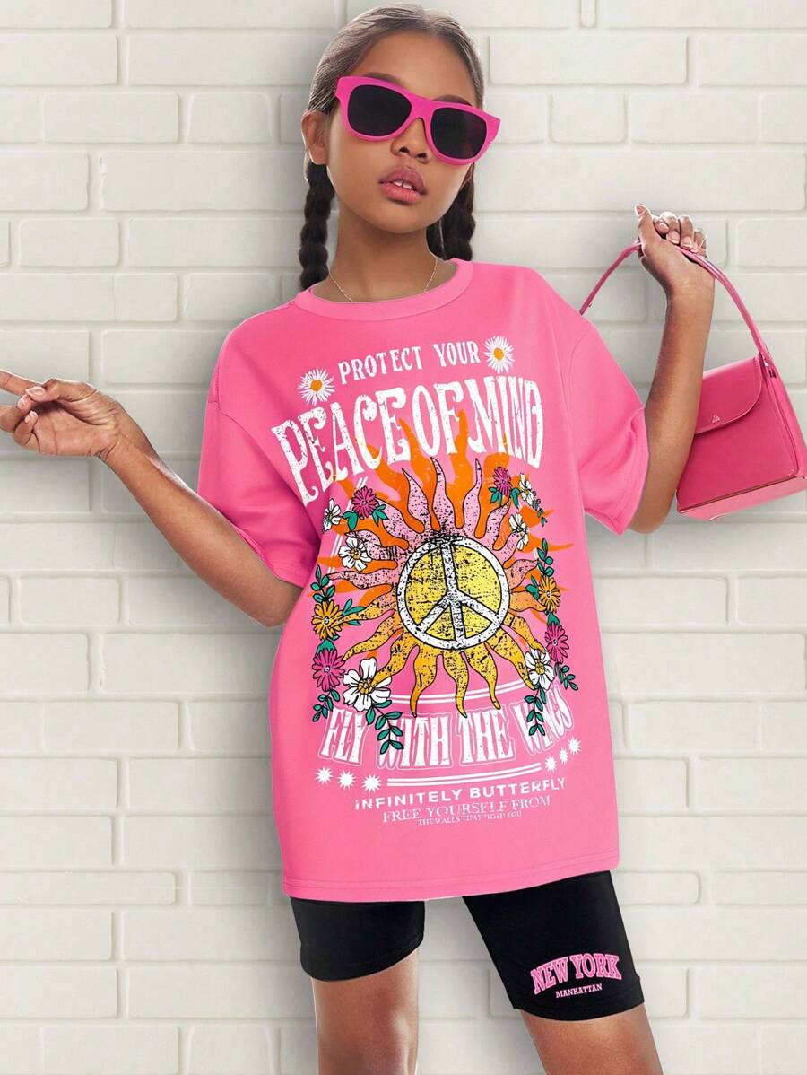 Tween Girls Casual Loose Dropped Shoulder Oversized Printed T-Shirt - Pink - View 1