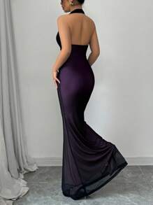 Rafferiza 女式优雅紧身鱼尾下摆 V 领收腰褶皱网眼洋红色衬里长裙，秋冬 - 彩色 - 查看 2