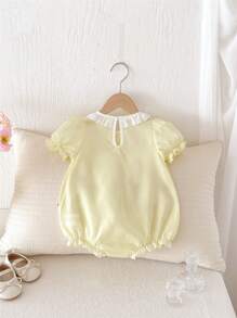 SHEIN Baby Girl Solid Pink With Bow Decor Sleeveless Bodysuit, Fashionable For Summer - Yellow - View 2