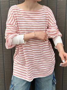 FRIFUL Women's Striped Loose Petite Long Sleeve T-Shirt, Spring Casual Outfit Vacation Striped Top