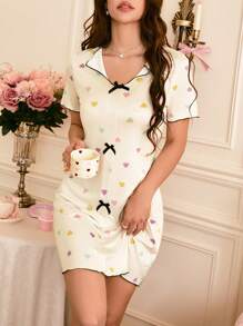 Sweet Ins Contrast Color Heart Pattern Bowknot Nightgown For Ladies - Apricot - View 4
