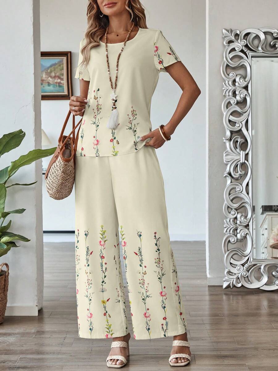 EMERY ROSE 2 件套女士印花短袖圆领 T 恤和裤子套装，夏季时尚