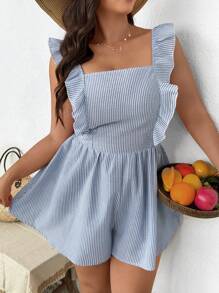 SHEIN Frenchy Tuta estiva casual a righe in stile minimalista per donna taglie forti, adatta per vacanze - Blu e Bianco - Visualizzare 5