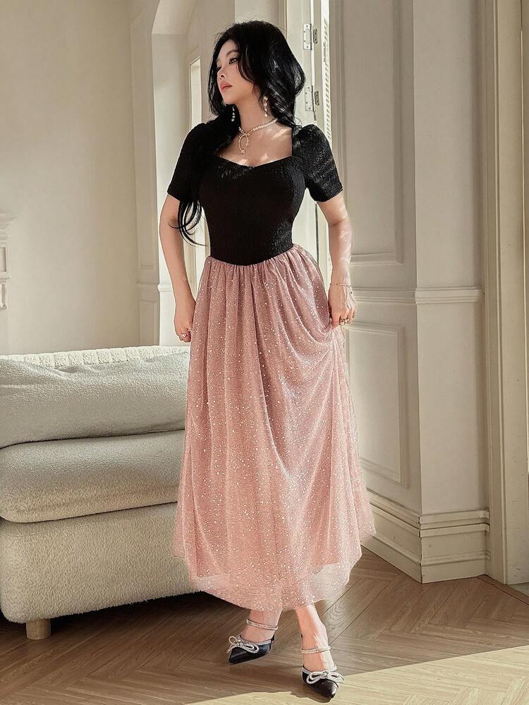 Summer New Arrival Mesh Patchwork Elegant Mid-Length Dress For Women Maxi Dress