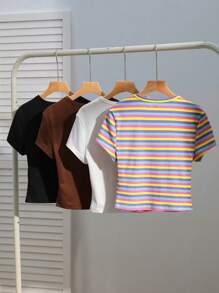 SHEIN EZwear 4 件套女士休闲圆领短袖紧身 T 恤，适合夏季 - 彩色 - 查看 2