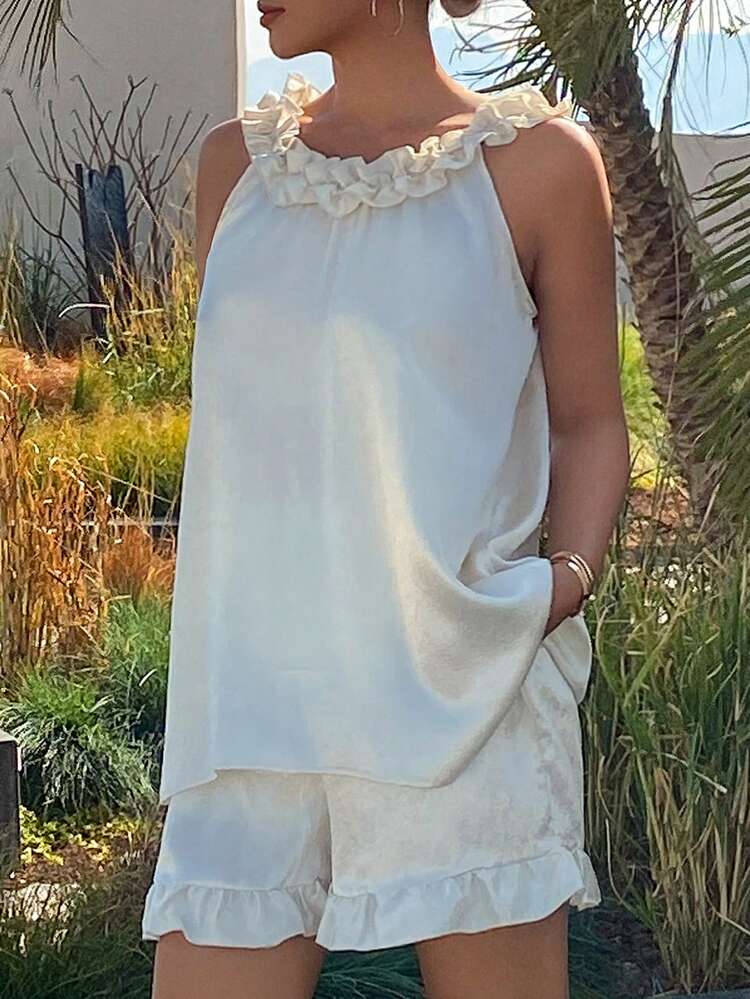 Ladies 2pcs Satin Ruffle Trim Camisole Shorts Pajama Set