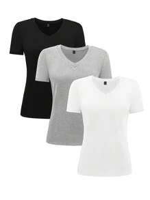 Airaco Assorted Plain V-Neck Short Sleeve Casual T-Shirts For Women - Multicolor - View 3