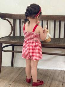 SHEIN LMoss Kids 可爱 Babygirl 草莓格子无袖连体衣，夏季休闲 - 紅色 - 查看 2
