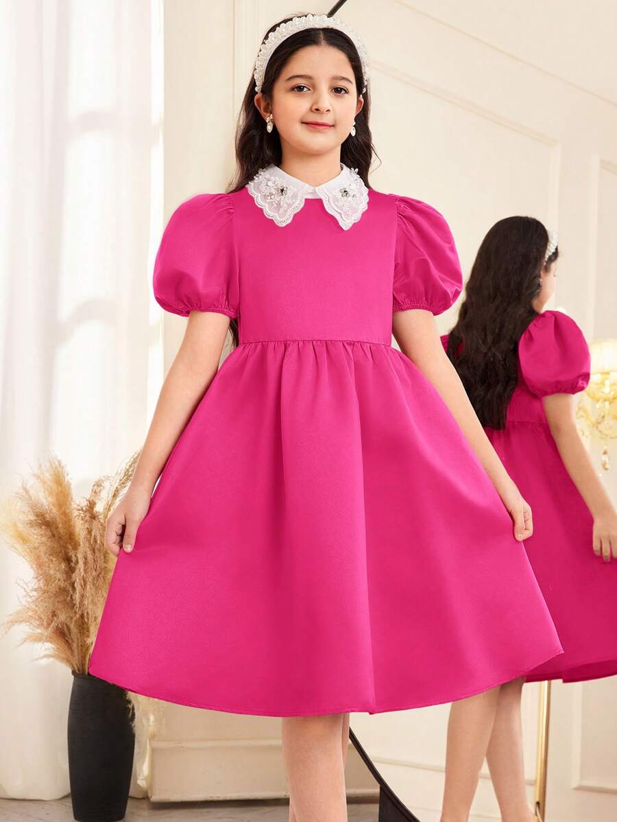 SHEIN فستان مينى للفتيات المراهقات بأكمام بارزة وطبعات زهور ملونة ، أنيق وأنيق - روز أحمر - مشاهدة 1