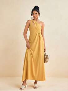 JUPITER Asymmetrical Neck Cutout Drawstring Ruched Butter Yellow Dress Spring Summer Casual Long Dress - Mustard Yellow - View 3