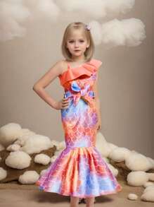 SHEIN Young Girl Cute Mermaid Print Ruffle Hem Fish Tail Dress - Multicolor - View 3