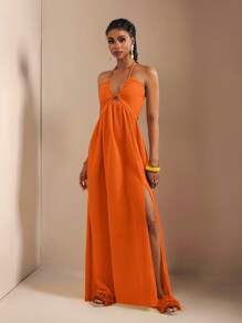 Zivah New Spring And Summer Casual Holiday Halter Neck Strapless Bust, Waist And Back A Swing Skirt With High Slit On The Front To The Thigh, Yellow Sea Stripe Women's Extra Long Dress-B Summer Dresses For Women,Sun Dresses For Women