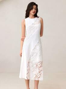 BizChic Nuovo arrivo Abito lungo senza maniche bianco per donna, elegante per lavoro, appuntamenti, pendolarismo, vacanze, stagione di matrimonio, con inserti in pizzo francese