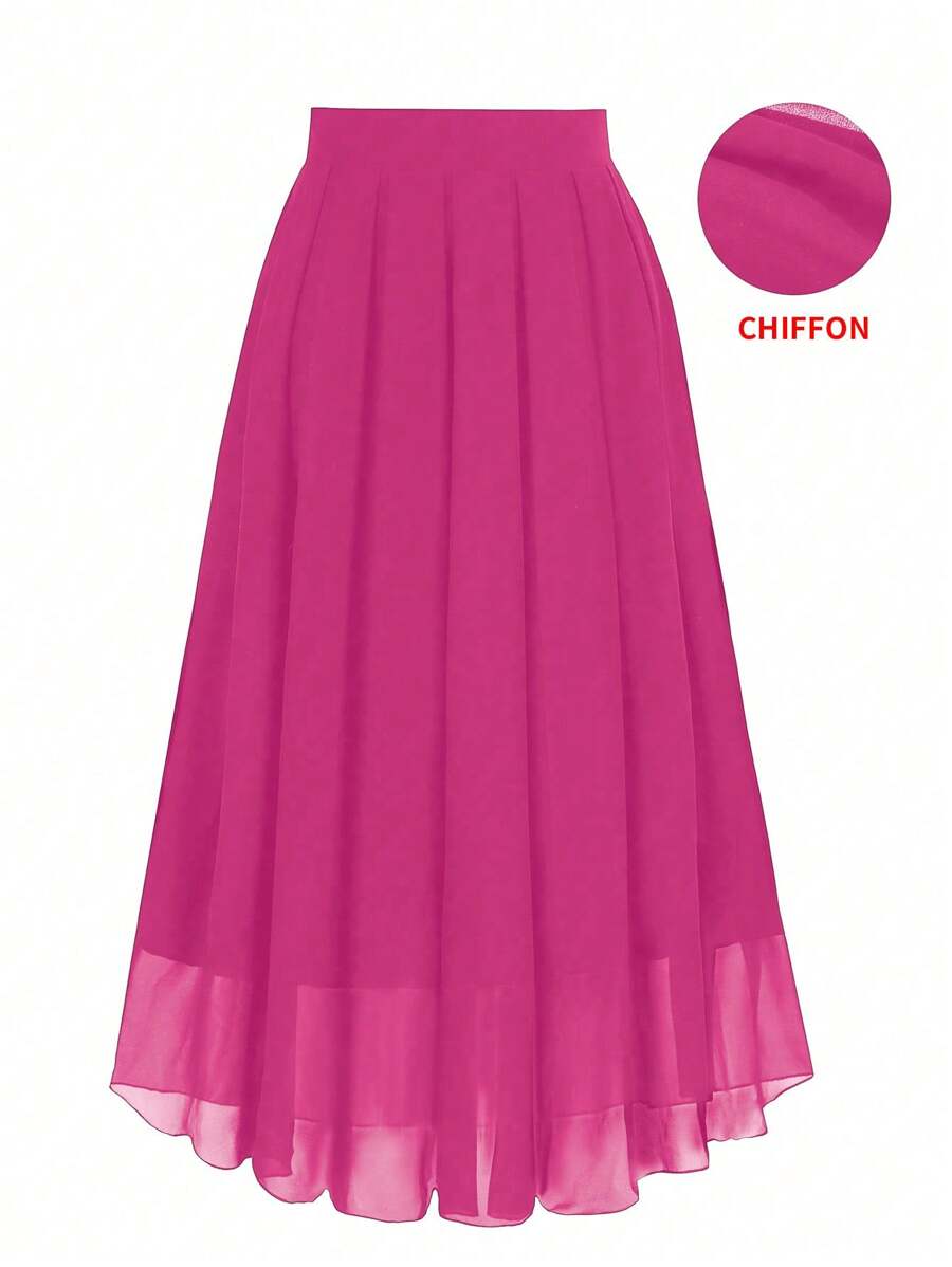 SHEIN Unity Plus Size Women Chiffon Solid Color A-Line Skirt - Hot Pink - View 1