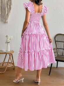 SHEIN Pregnant Woman Vacation Casual Striped Cap Sleeve Dress Maternity Dress - Pink - View 2