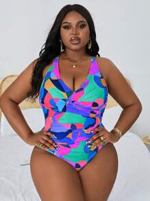 Slaydiva 大码海滩度假彩色印花荷叶边连体泳衣 - 彩色 - 查看 3