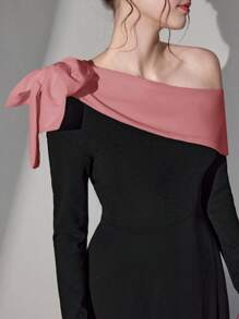 Poshira Women's Elegant Asymmetrical Neck Long Sleeve Evening Gown Dress Luxurious Women's Evening Dresses Black Dress Soft Dress, Party Dress, Prom Dress