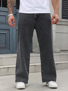 Manfinity Homme 男士加大码灰色牛仔裤：休闲基本款和长款拉链款式，适合日常舒适外出、通勤、工作、都市、emo 风格 - 灰色 - 查看 6