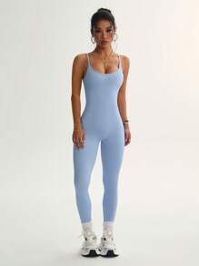 Slayform 纯色露背细肩带无袖连体裤，适合夏季 - 藍色 - 查看 7