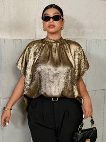 Elenzga Blusa holgada de cuello redondo y mangas asimétricas para mujer talla grande, diseño minimalista