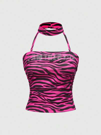 ROMWE Avant وشاح وردي بطبعة جلد الفهد Y2K مع لباس علوي بدون أكمام بطبعة حروف