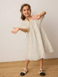 Maija Kids Maija Kids Loose Casual 3D Flower Puff Sleeve Dress For Young Girls - White - View 5