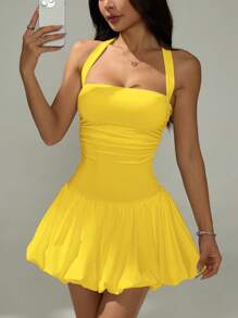 SHEIN PETITE Women's Tie Neck Backless Solid Color Simple Casual Mini Bubble Dress - Yellow - View 7