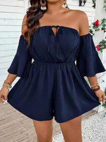 SHEIN VCAY Plus Size Women Off Shoulder Flare Sleeve Solid Color Jumpsuit, Suitable For Vacation - Navy Blue - View 7