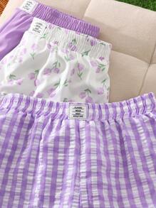 SHEIN Bé gái được 1 tặng 2 tặng 3 tặng miễn phí/Bộ, Màu tím trơn + Sọc caro tím + Hoa tulip, Logo dệt, Quần short cạp chun chi tiết, Thường ngày ở nhà, Mùa xuân và mùa hè - Màu tím - Xem 4