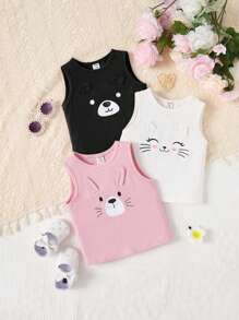SHEIN 3pcs/Set Cute Knit Cartoon Pattern Sleeveless Top For Baby Girl, Versatile - Multicolor - View 1