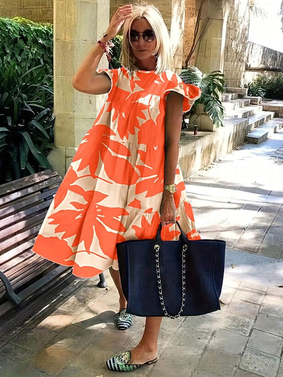 EMERY ROSE Casual Floral Printed Ruffle Hem Vacation Style Dress For Spring/Summer - Burnt Orange - View 1